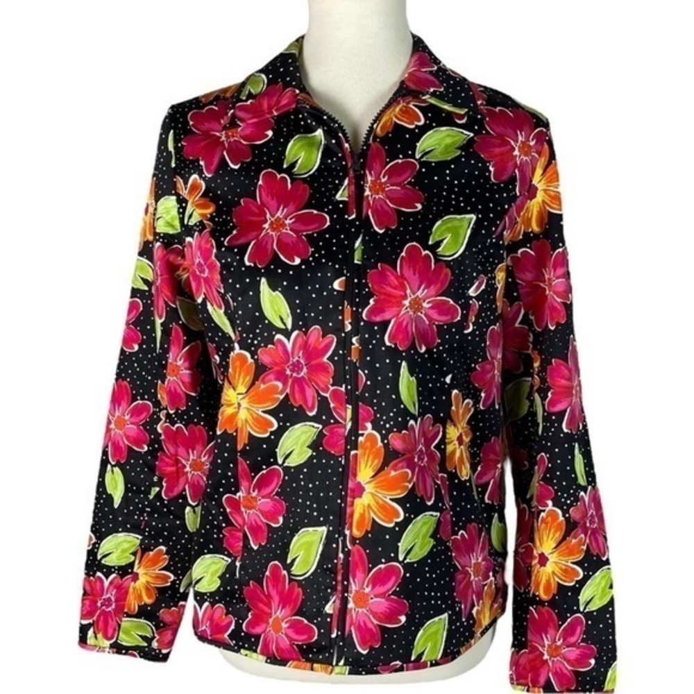 Laura Ashley Black Pink Green Orange Floral Zip Cotton Polka Dot Jacket - Size S